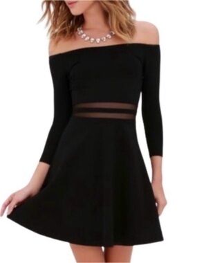 Lulus Yes To The Mesh Off Shoulder Skater Dress Black 3/4 Sleeve Mini Size Small